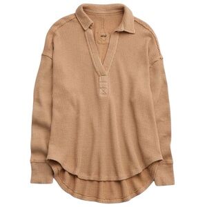 Aerie LumberJane Waffle Polo Sweatshirt in Tan Women’s Size Medium Oversized Top
